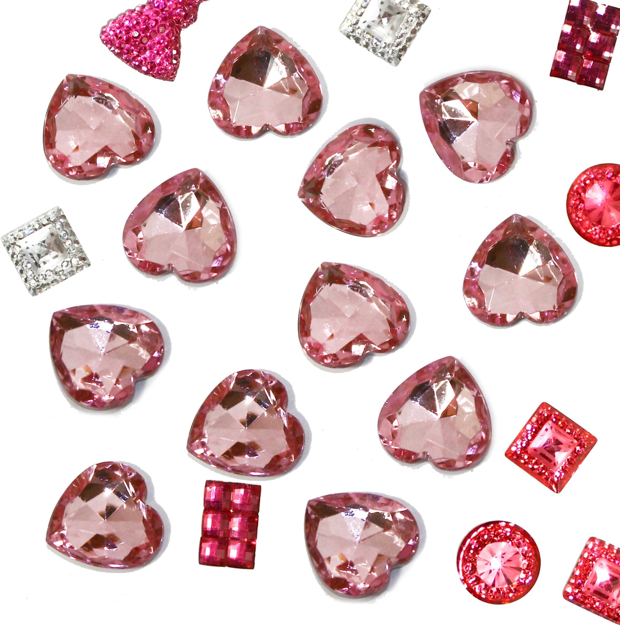DIY Jewelry Making: 12 pcs of Big Acrylic Rhinestone Heart Cabochons - Pink Color