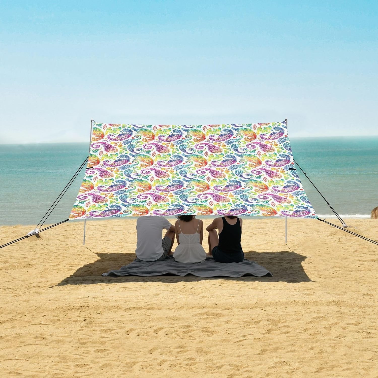 ALAZA Rainbow Paisley Watercolour Beach Tent Sun Shelter UPF50+ Protection Beach Shade Canopy w/ 4 Sandbags for Outdoor Camping, Fishing, Backyard Fun, Picnic, 10x9 ft