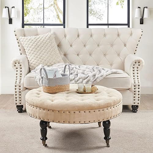 Miniatura 9 de Warmaxx Mesa de centro otomana redonda copetuda beige de 34 x 34 x 17 pulgadas de alto, otomana grande y resistente de terciopelo texturizado para