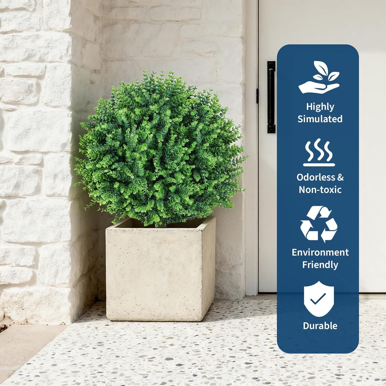 Garvee 2 Pack Artificial Boxwood Topiary Ball with Stake, UV Resistant Green Eucalyptus Fake Topiary Tree, Outdoor Artificial Shrubs for Patio Pathway Porch Front Yard Decor, Year Round Faux Topiary