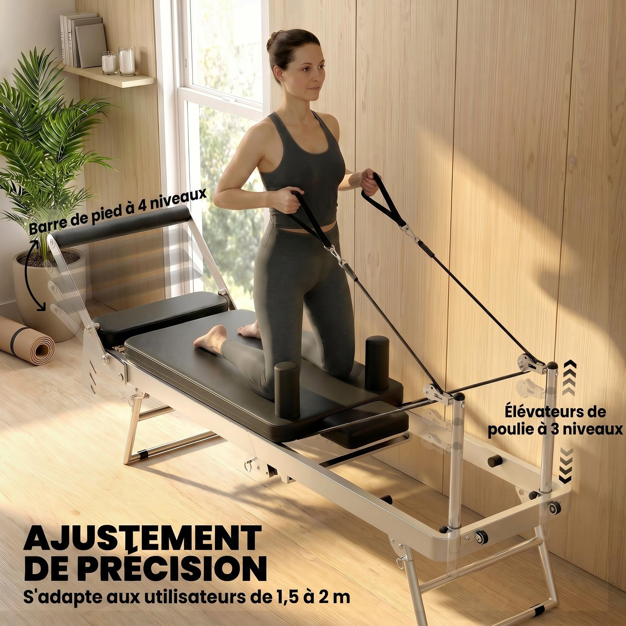 SPORTNOW Máquina Reformer de Pilates Plegable, Sistema Híbrido de 4 Muelles y 5 Cuerdas - Aparato de Pilates en Acero de Alta Estabilidad, Silencioso - Diseño Ultracompacto de 103 cm para Espacio