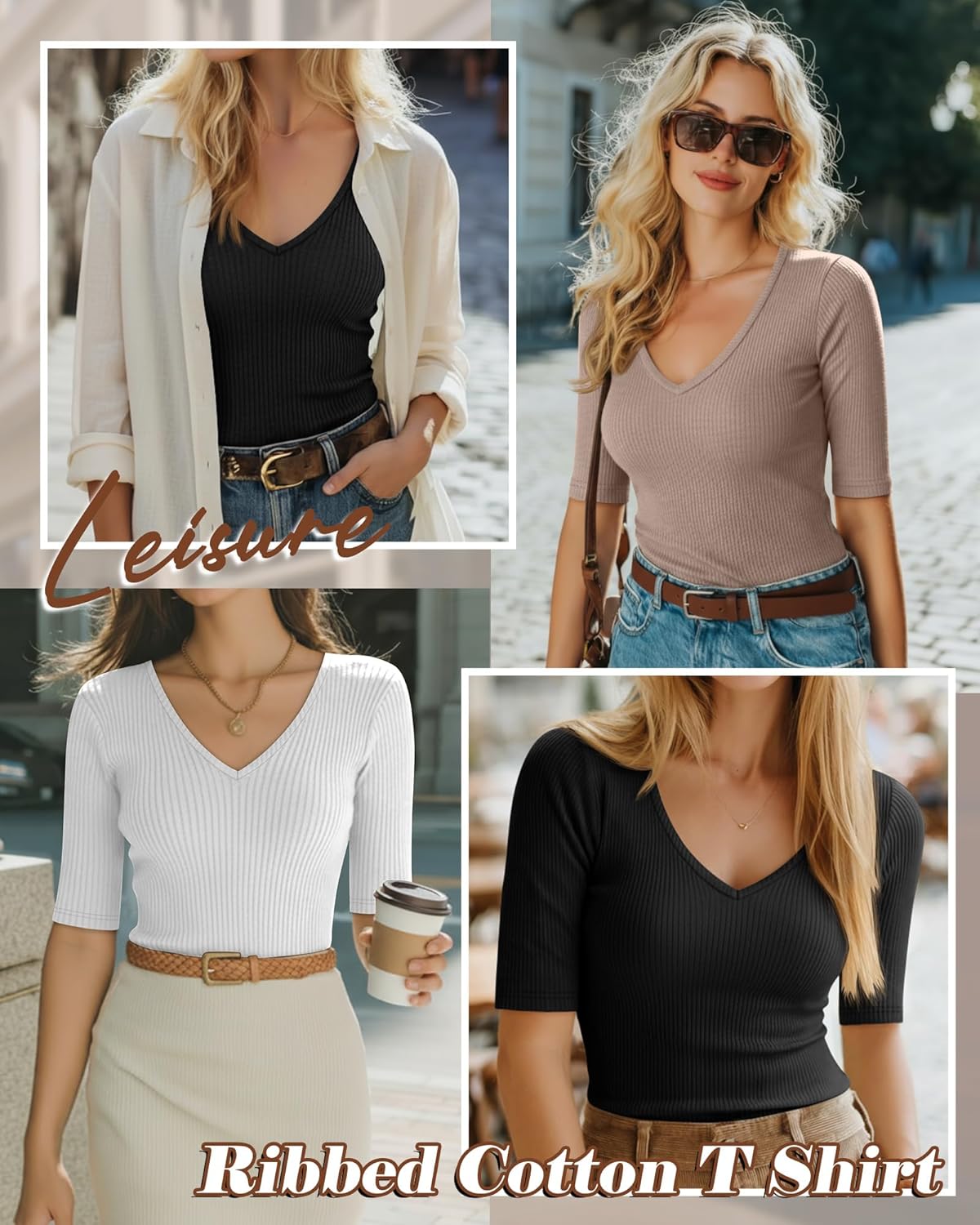 Riyiper 3 Pack Women's Half Sleeve Top Elbow Length Ribbed Cotton T Shirt Women V Neck Summer Tee Slim Fit Casual Blouses - Image 2