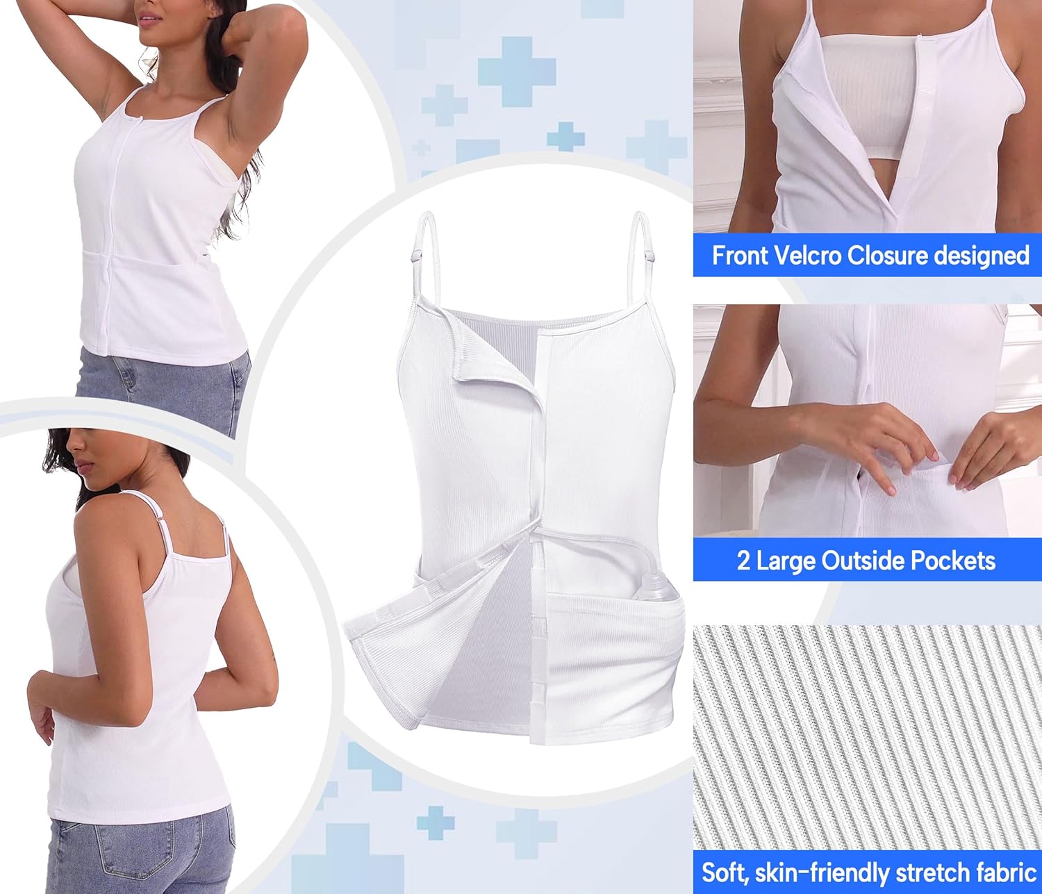 Post Mastectomy Shirts with Drain Pockets Breast Surgery Mastectomy Camisole Top with Hook and Loop Closure - Image 2