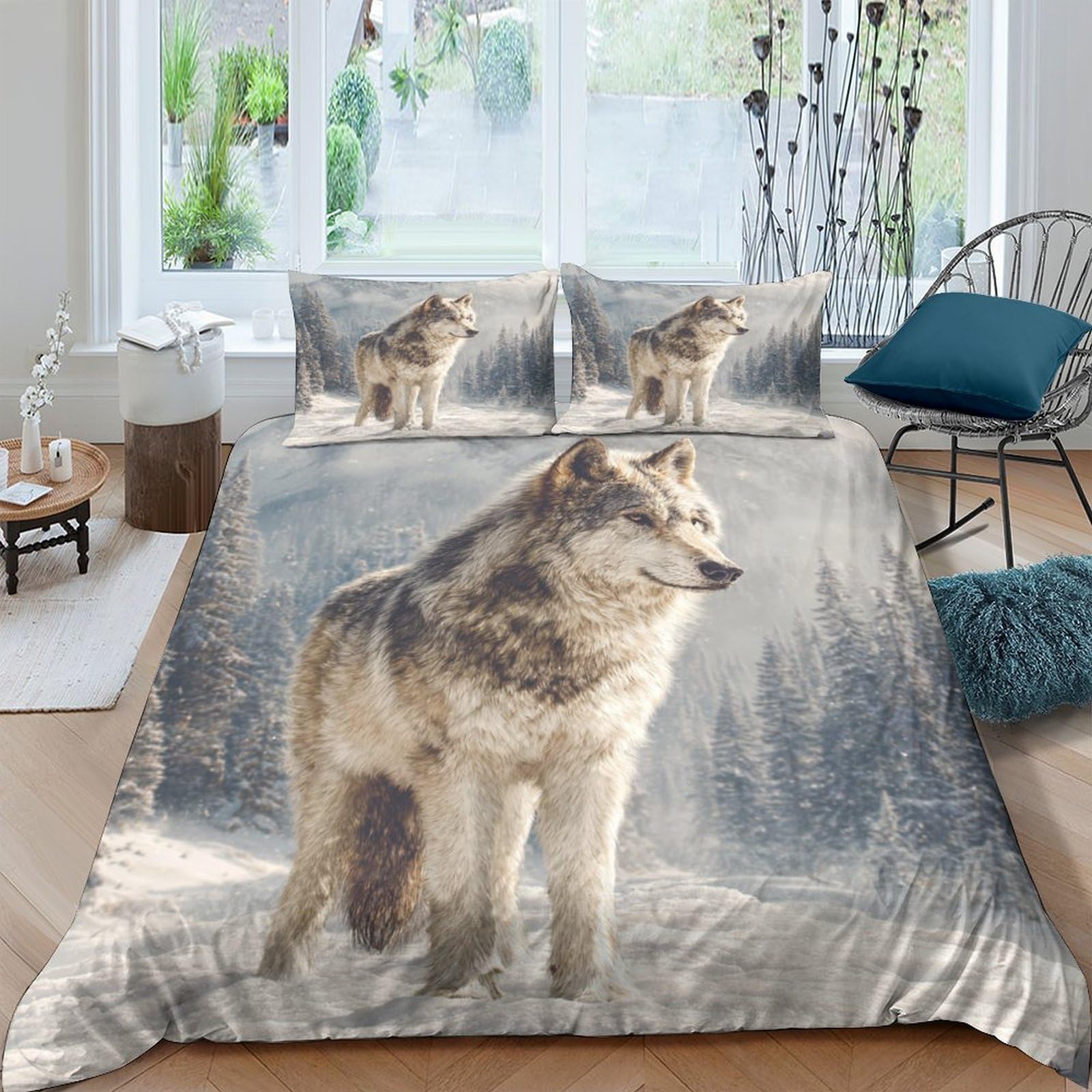 Ctjqhvkz Style-4 3D Printed Wolf Forest Fitted Sheet Microfiber Soft Breathable Winter Wilderness Mattress Cover Bedroom Decor Single（135X200cm）
