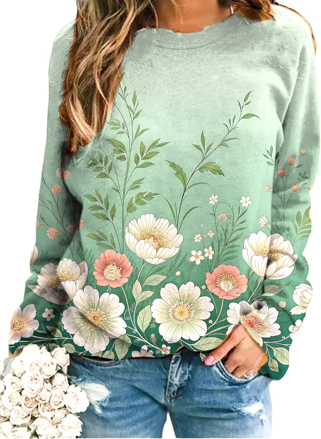 Women's Boho Floral Oversized Crewneck Sweatshirt Paisley Casual Tops Fall Winter Spring Graphic Pullover for Women