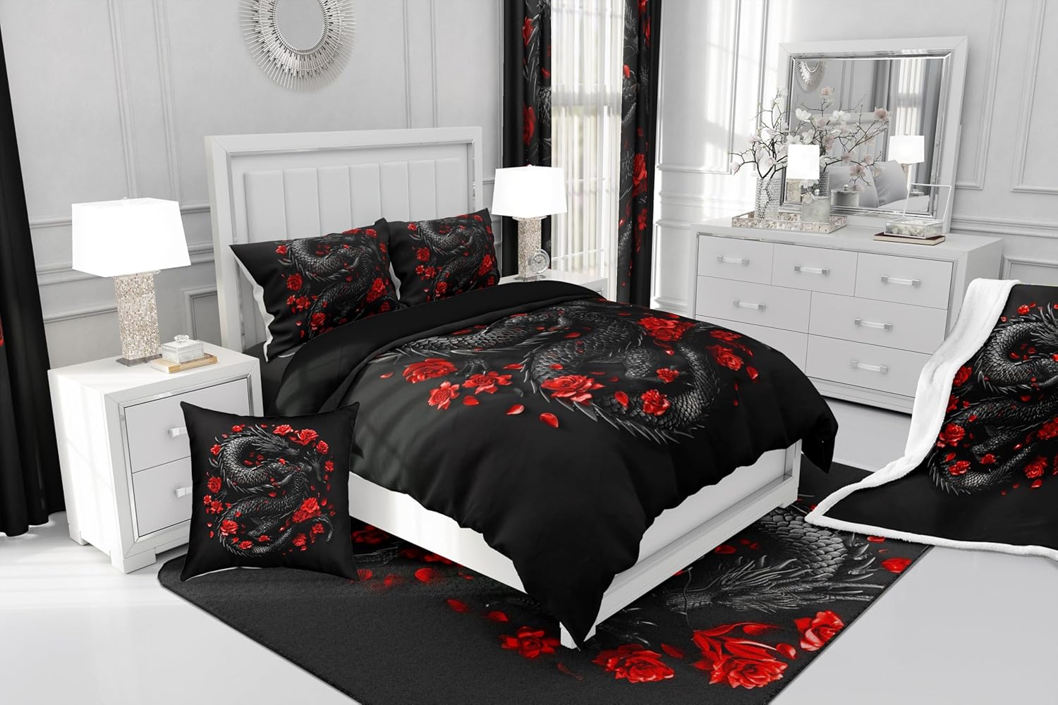Feelyou Dragon Duvet Cover 100% Cotton King Size Kids Personalized Dragon Bedding Set Botanicla Rose Floral Comforter Cover Set Wild Dragon Theme Red Black Bedspread Cover 3Pcs,No Comforter