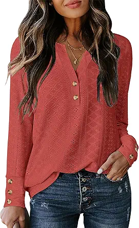 ANRABESS Womens Eyelet Tops Long Sleeve Henley Shirts Business Dressy Casual Blouse Vacation T-Shirt 2025 Fall Outfits