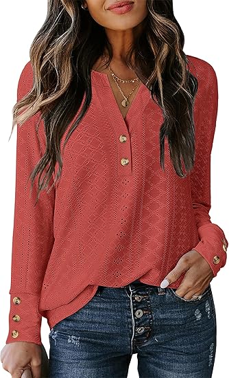 ANRABESS Womens Eyelet Tops Long Sleeve Henley Shirts Business Dressy Casual Blouse Vacation T-Shirt 2025 Fall Outfits