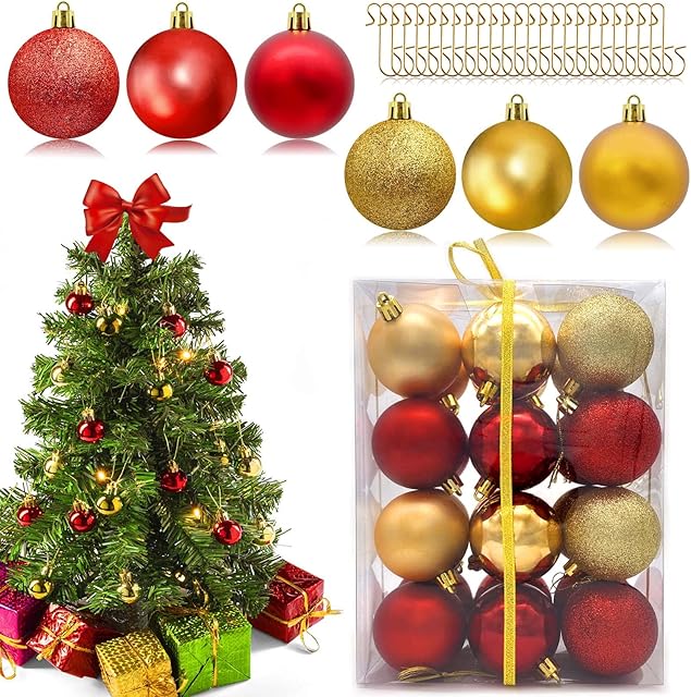 Christmas Baubles, 6cm Christmas Balls Decoration, Shatterproof Christmas Tree Ornamets Gold and Red, for Home Party Decor Holiday Wedding Xmas Gifts, Christmas Tree Baubles