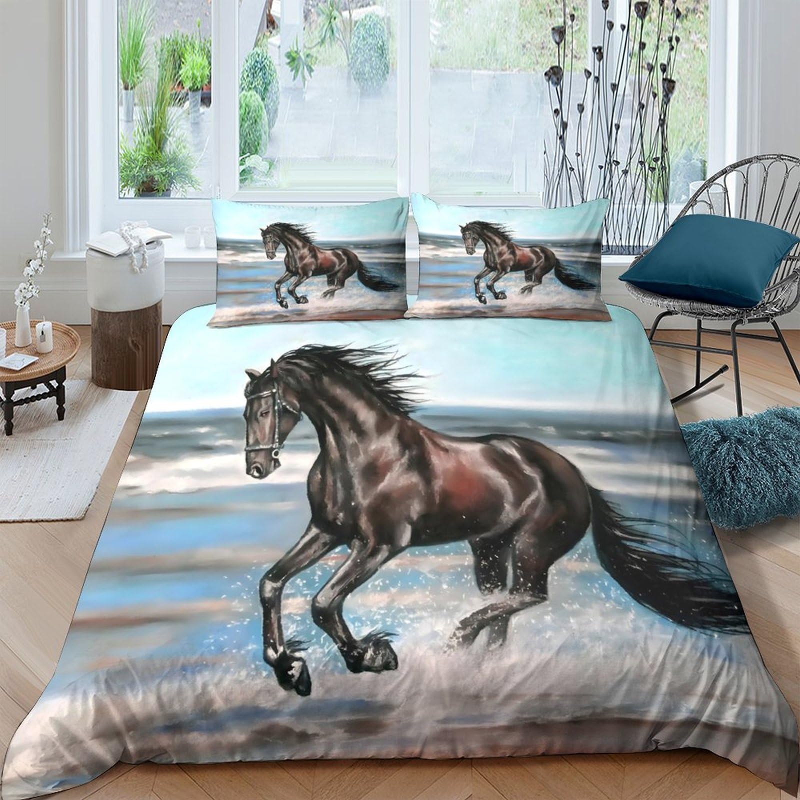 Ctjqhvkz Style-7 3D Printed Galloping Horse Fitted Sheet Microfiber Soft Breathable Wild Beach Bed Cover Bedroom Decor Single（135X200cm）