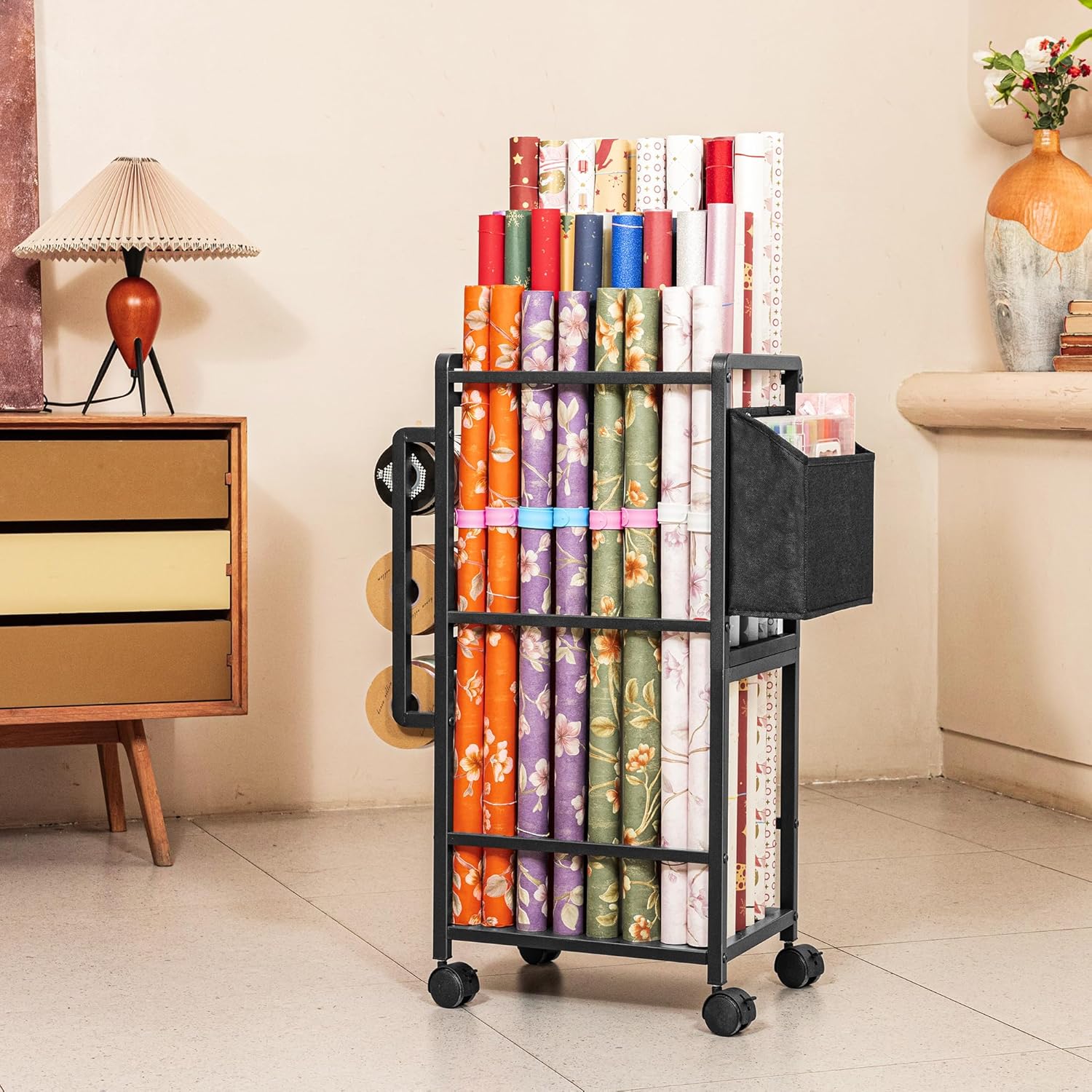 Aquzee Gift Wrapping Paper Organizer Storage, Rolling Gift Wrap Storage Stand, Vertical Wrapping Paper Storage Cart, Ribbon Organizers, 12 PCS Slap Bands, 9 Adjustable Rod Design, Black