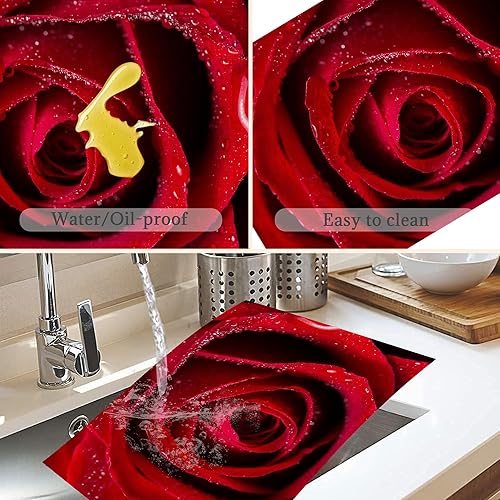 Miniatura 4 de Juego de 6 manteles individuales con rosas rojas, lavables, resistentes al calor, de 12 x 18 pulgadas, manteles mágicos para fiestas, decoración de