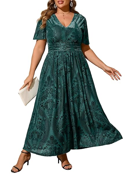 Simplee Women’s V Neck Velvet Maxi Dress Short Sleeve Empire Waist Long Formal Dress for Wedding Guest