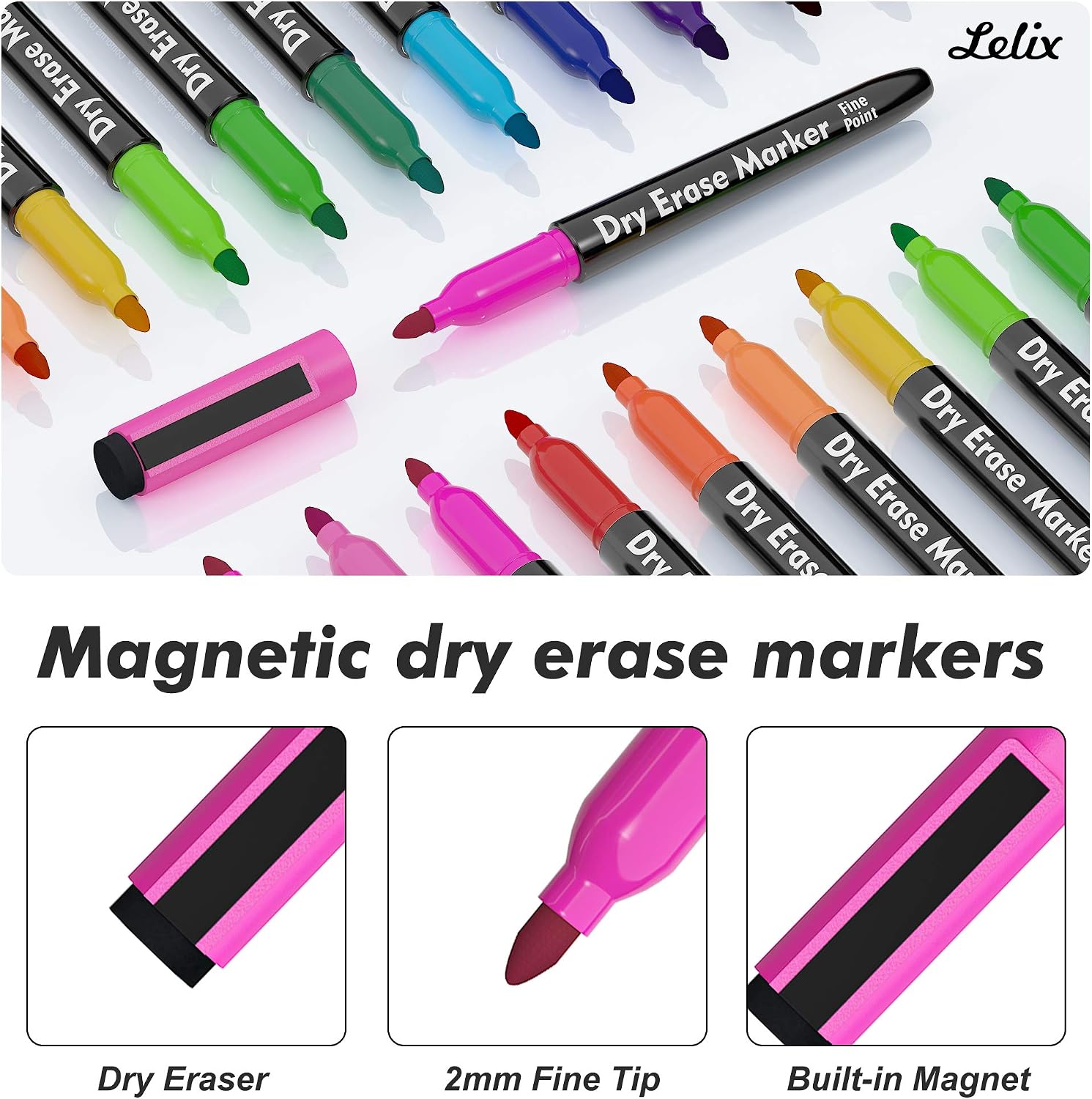 Lelix 15 Colors Dry Erase Markers, Magnetic Whiteboard Markers Fine Point with Eraser for Back to School, Office, Home Perfect for Writing on White Board, Dry Erase Board, Mirror, Glass image 2