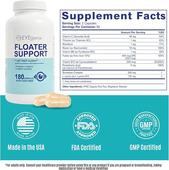 Eye Supplements Floater Support Formula Vision Supplements Daily Eye Health Support with Vitamin C, B-Complex, Bromelain and L-Lysine (180 Capsules)