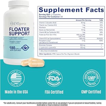 Eye Supplements Floater Support Formula Vision Supplements Daily Eye Health Support with Vitamin C, B-Complex, Bromelain and L-Lysine (180 Capsules)