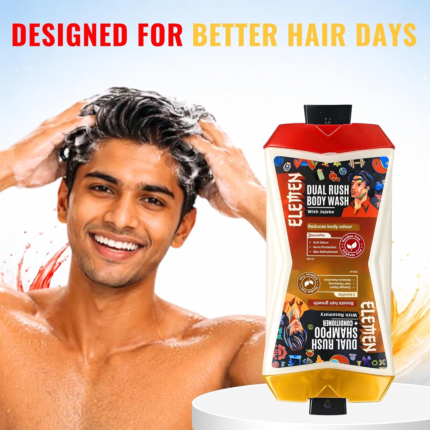 Elemen Dual Rush Flip Duo Bottle 500ml | Body Wash + Shampoo & Conditioner for Men | Daily Cleansing Body & Hair Care | Fresh & Strengthening Formula