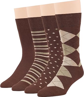 7Bigstars Mens Cotton Dress Crew Socks, 4-6 Pairs Patterned Assortment - Argyle, Striped, Dotted, Breathable Everyday Fit