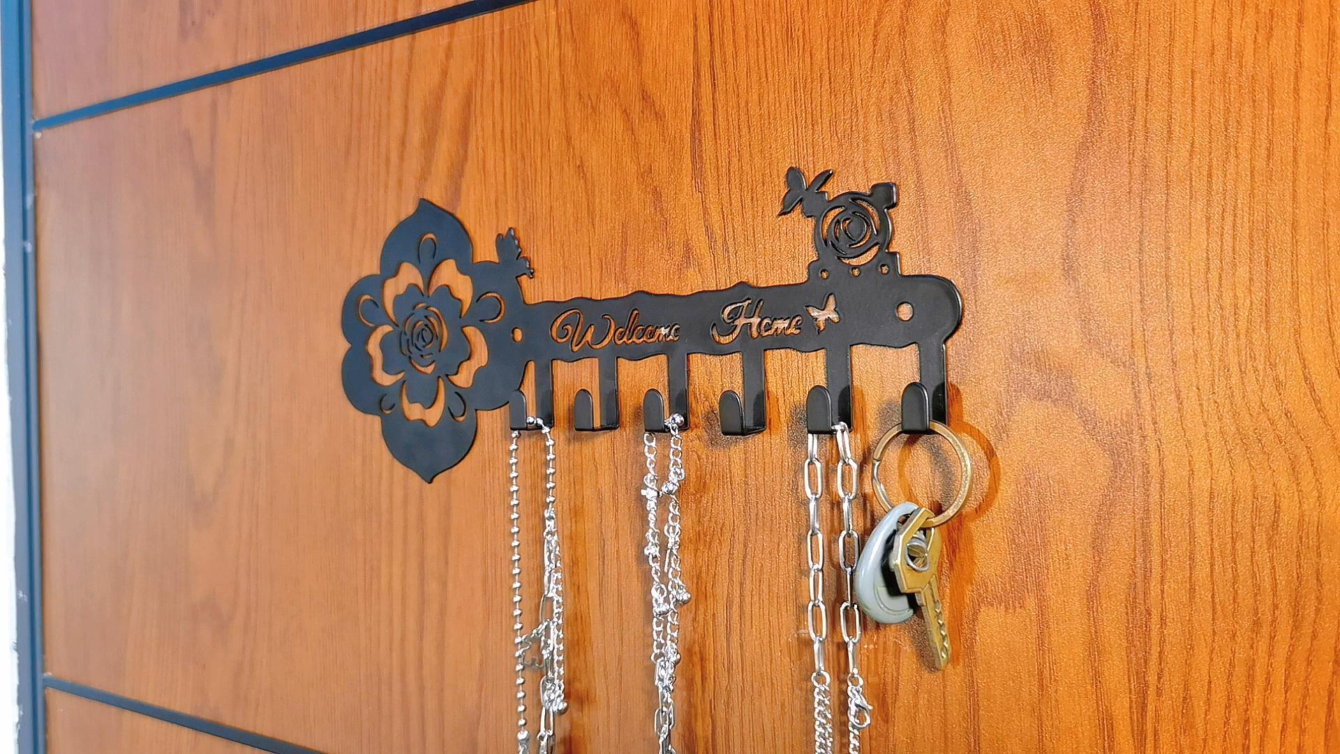 Porte-clés Mural HOME Avec 7 Crochets - Métal Noir 30x15 Cm - Installation Facile Perçage, Idéal Entrée, Couloir - 8