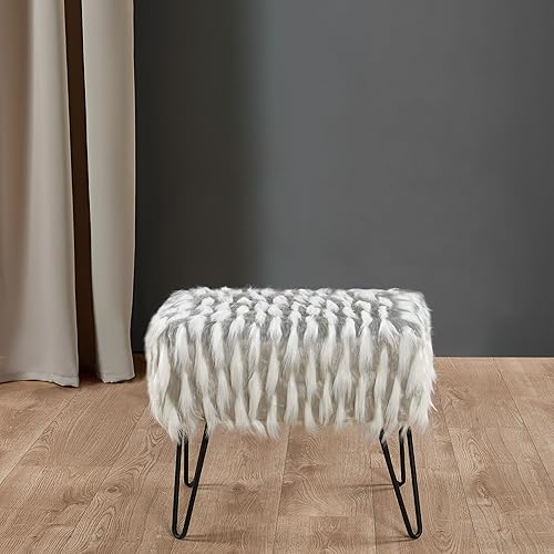 Miniatura 8 de Banco otomano de piel sintética gris y blanco, 19.5 x 12.5 x 17 pulgadas de alto, cómodos taburetes de maquillaje esponjosos con patas de metal,
