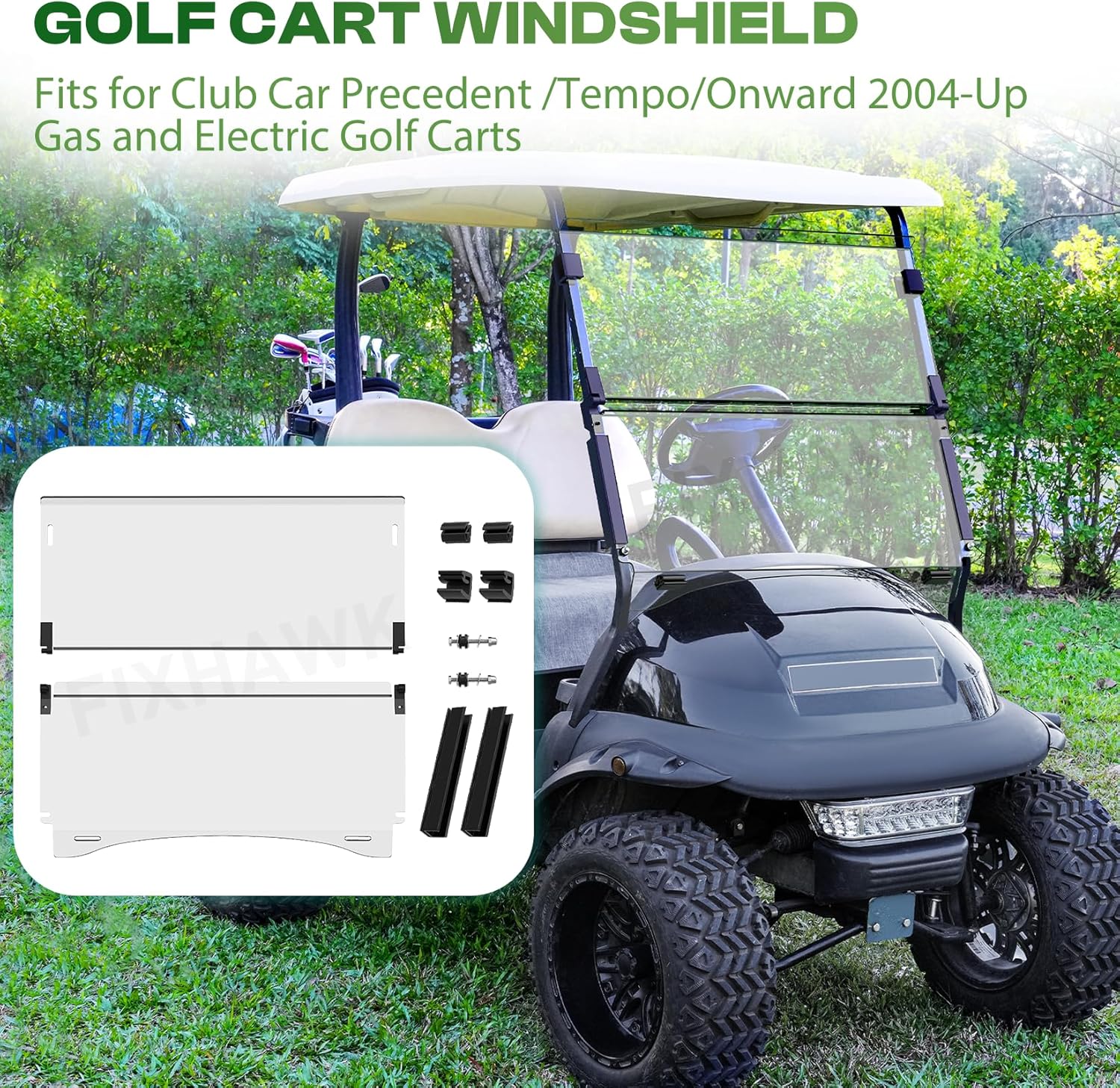 Golf Cart Windshield for Club Car Precedent,Tempo,Onward 2004-up Gas/Electric Golf Carts, Foldable PC UV Resistant Club Car Windshield（Tinted/Clear） (37.59" W x 33.96" H)