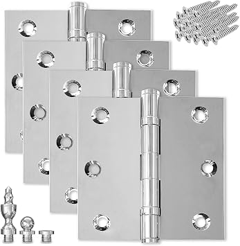 Solid Brass Chrome Door Hinge Heavy Duty Ball Bearing Shiny Silver 3 x 3 Inch with Decorative Screw-on Tips Included - Set of 4 Hinges Polished Chrome