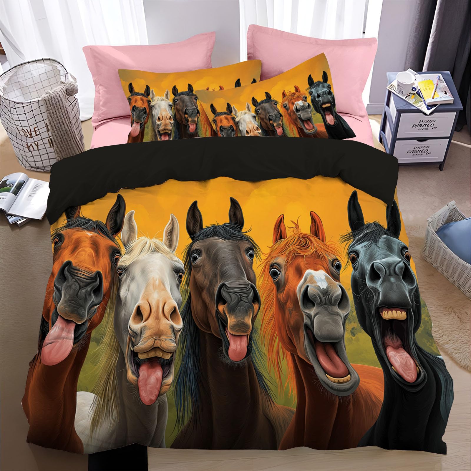 Housse de couette 200x200 cheval avec 2 taies d'oreiller