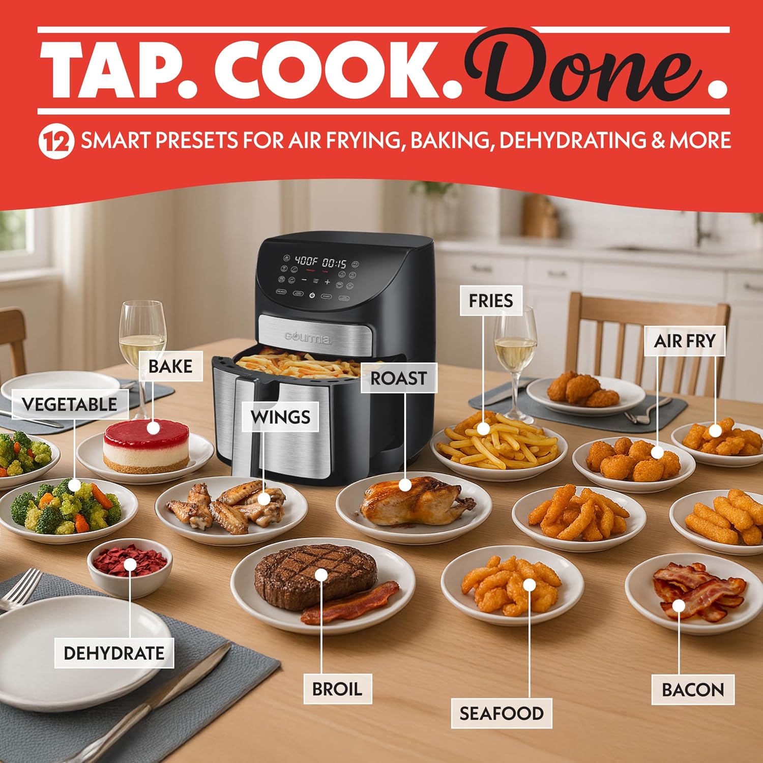 Gourmia Air Fryer - 7 Qt Large Capacity, FryForce360º, Digital Display with 10 Presets, Roast, Bake, Broil, Dehydrate, Dishwasher Safe Accessories, Black