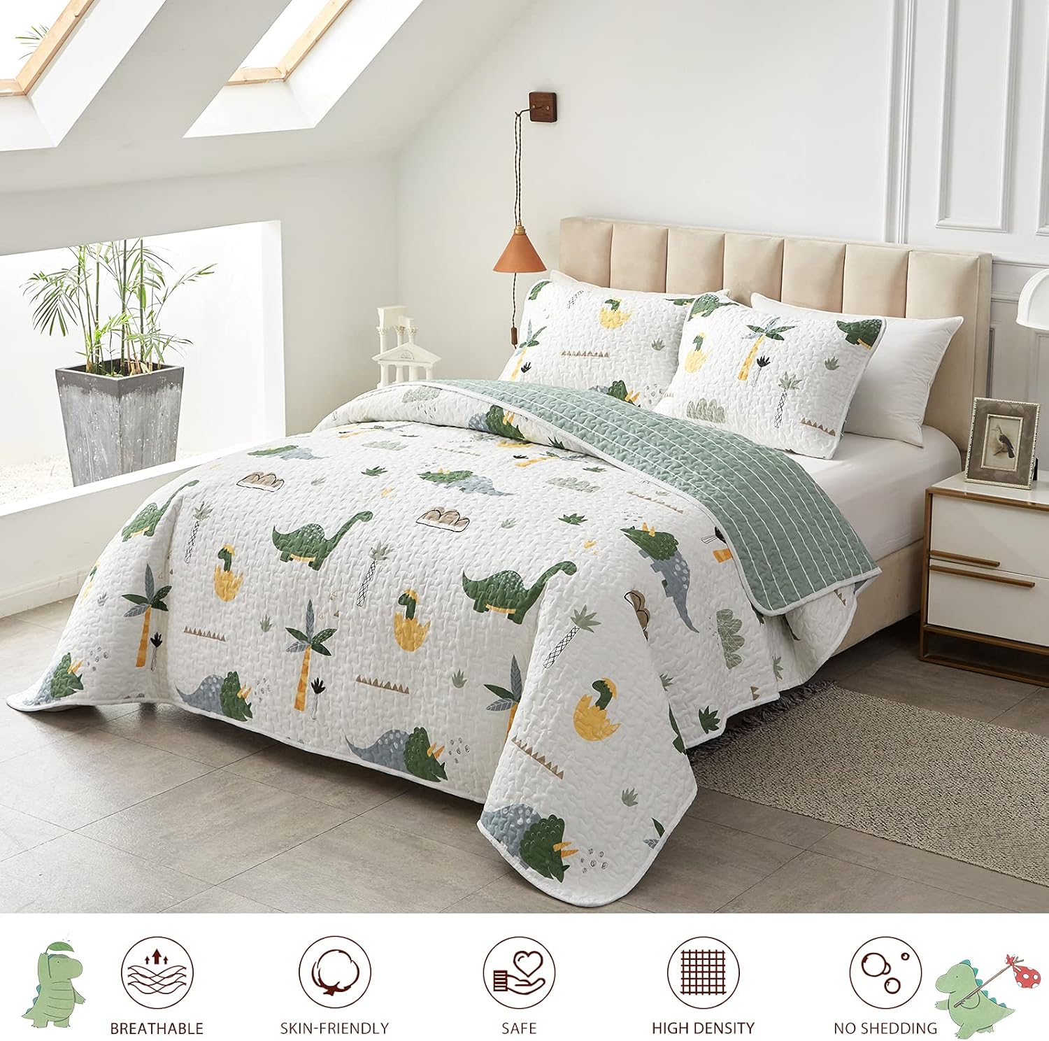 Joyreap 2-Piece Cotton Quilt Set Twin, Dinosaur Theme Green Color Design for Kids Boys n Girls, Smooth Soft Quilt Bedspread Bed Cover for All Season, 1 Quilt and 1 Pillow Sham- 68x86 inches - Image 2