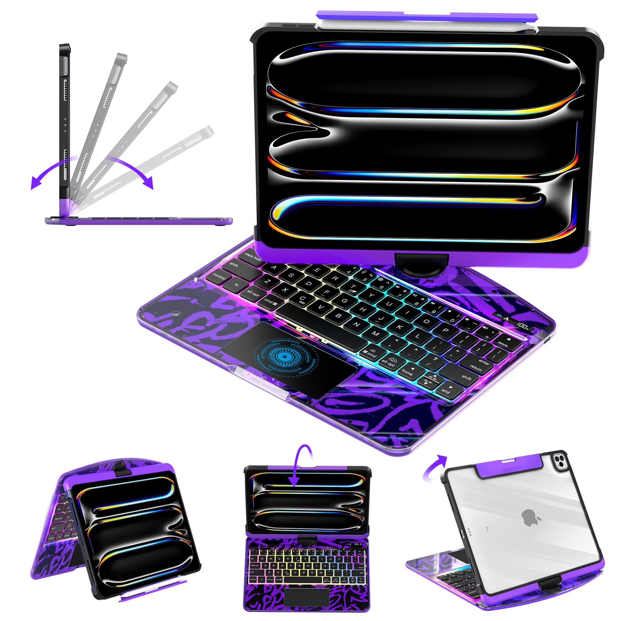 Clear Keyboard Case for iPad Pro 11 Inch (M4/M5 2024/2025) 360° Swivel Multi-Touch Trackpad,with Wireless Bluetooth 3-Brightness & 7-Color Backlit, Pencil Holder tecla de acceso directo purple-image-7