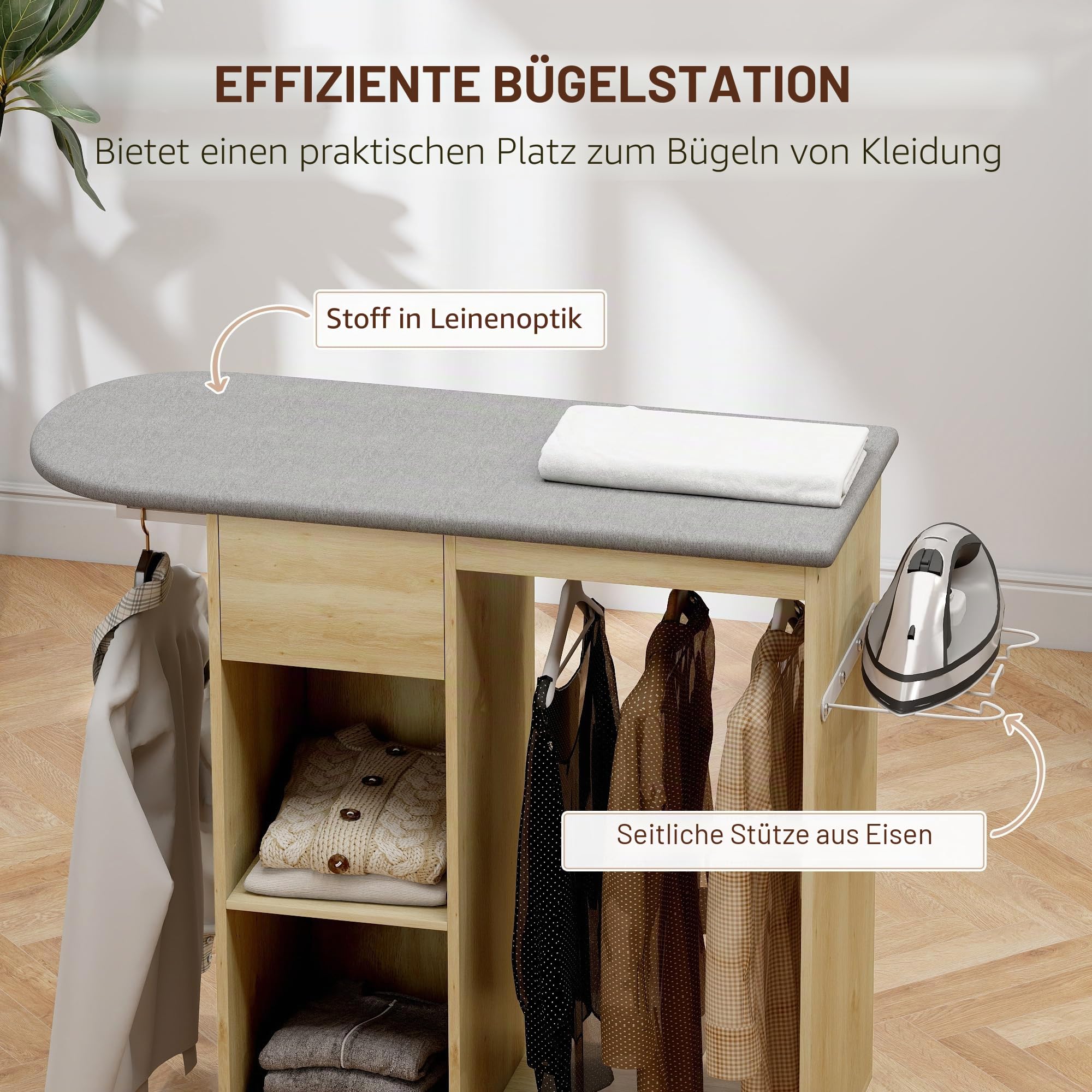 HOMCOM Bügelschrank aus Holz, Bügeltisch mit Rollen, Kleiderstange, offenes Regal, für Wohnzimmer, Schlafzimmer, 125 x 43,5 x 102,5 cm, Naturholz
