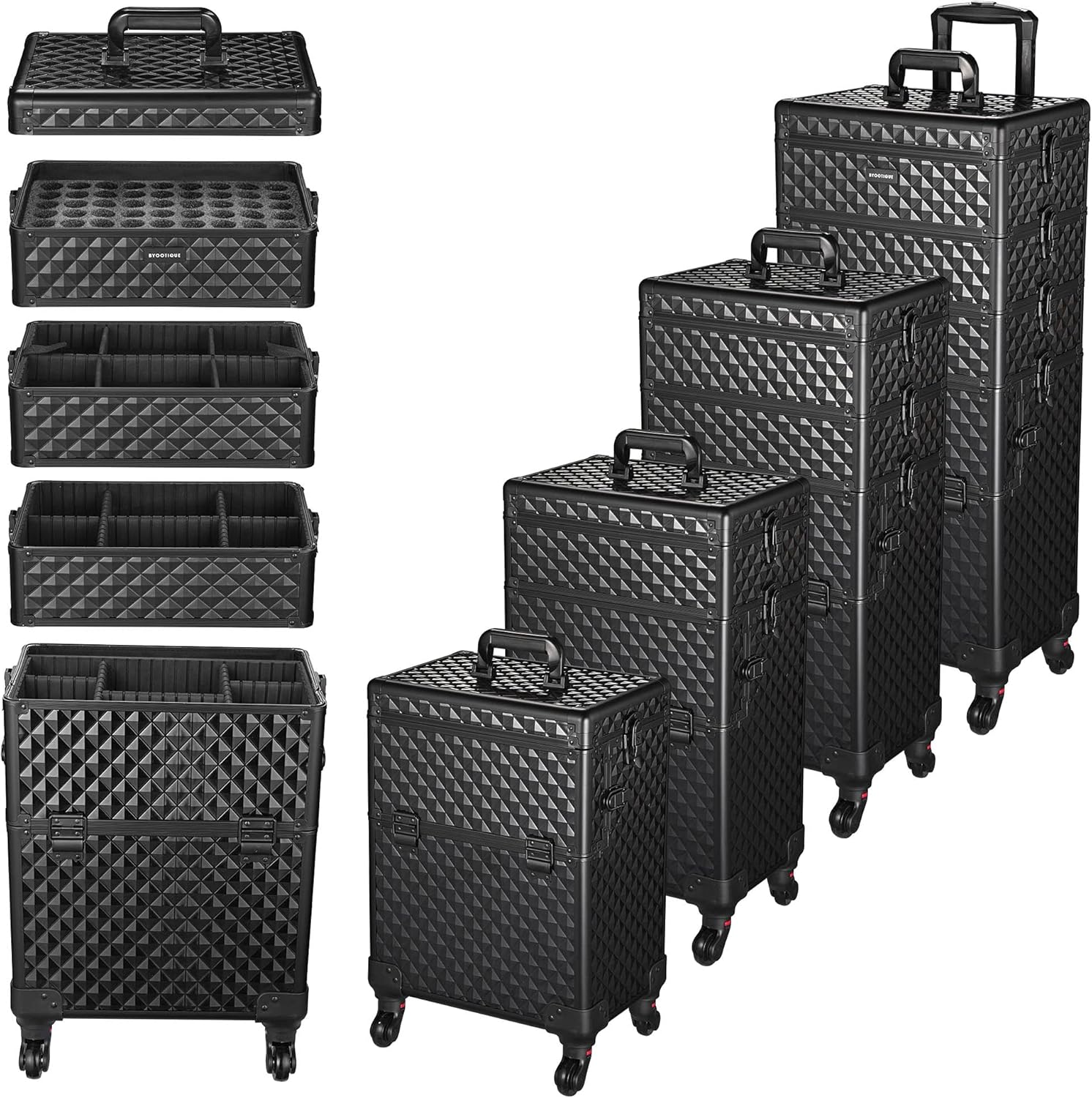 BYOOTIQUE 4in1 Rolling Makeup Case Aluminum Cosmetic Train Case Organizer with Mirror Extra Large Storage Trolley 360-degree Swivel Wheels