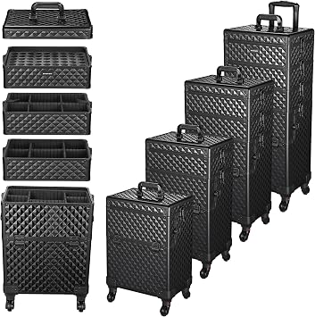 BYOOTIQUE 4in1 Rolling Makeup Case Aluminum Cosmetic Train Case Organizer | with Mirror Extra Large Storage Trolley 360-degree Swivel Wheels