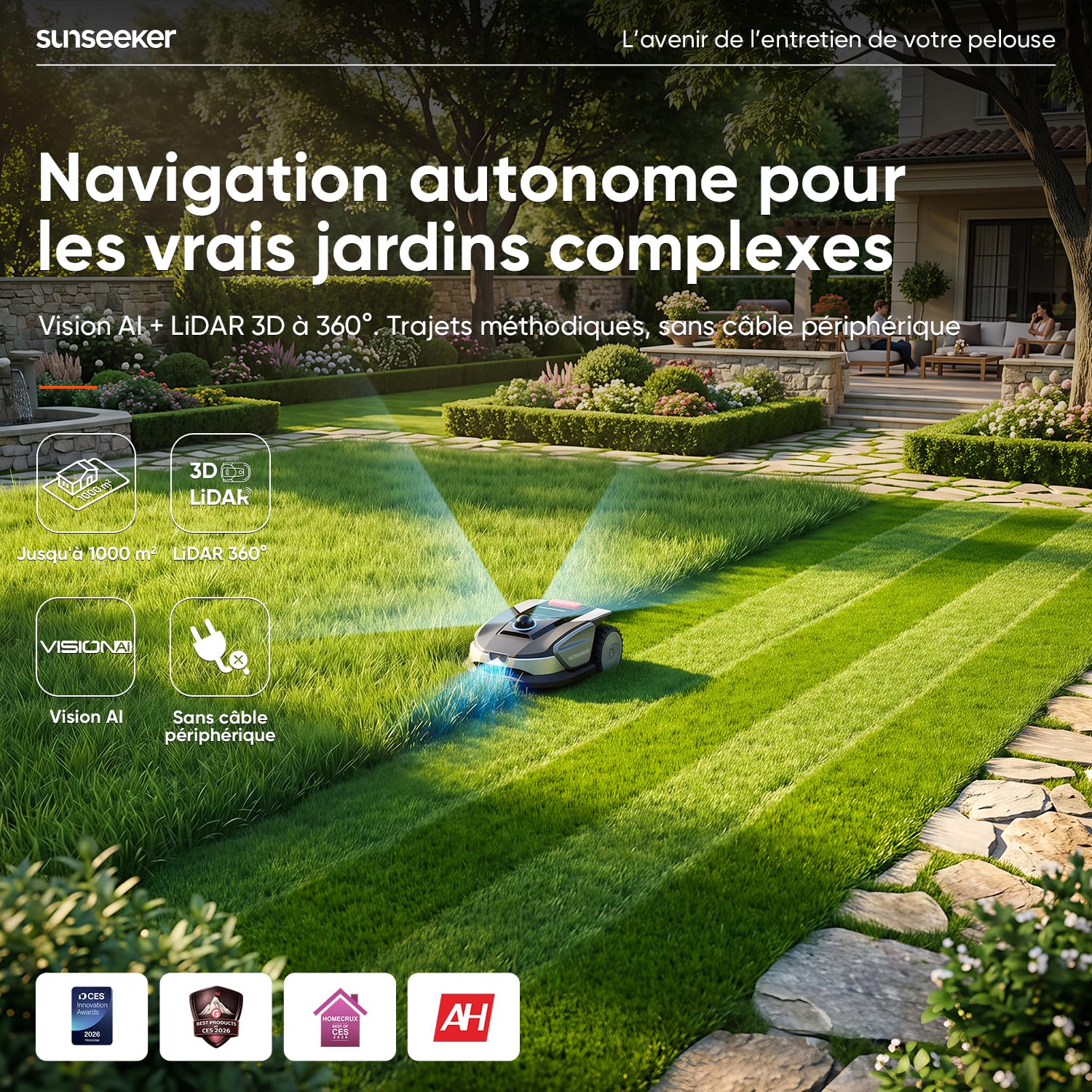 Sunseeker S4 Robot Tondeuse sans Fil Périphérique pour 1000 m² – LiDAR 360° et Vision IA - vue 3