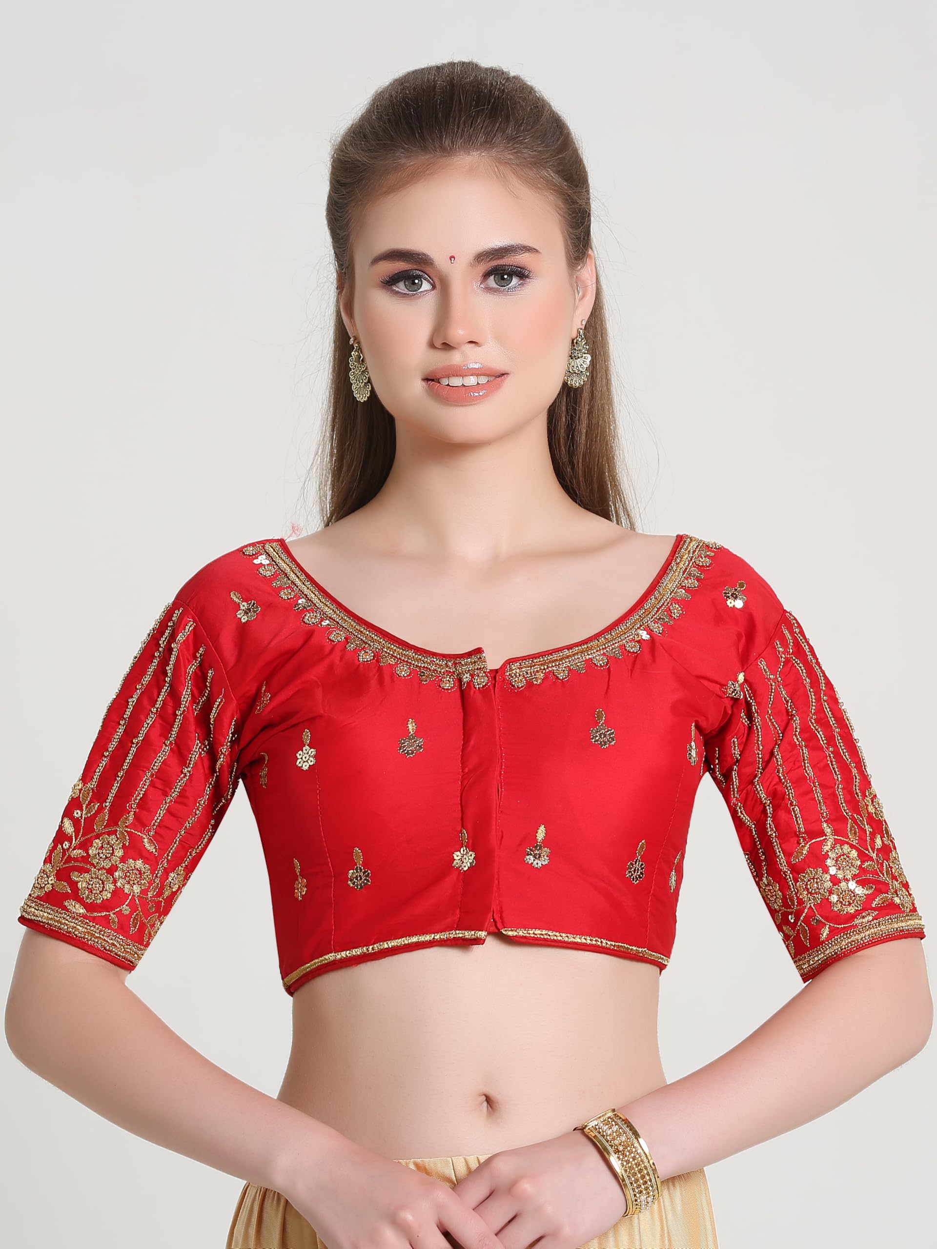 Pujia Mills Women's Readymade Bridal Embroidery Blouse Multi Coding Maggam Work Moti Work Indian Ethnic Designer Stitched Readymade Saree Half Sleeve Red Blouse For Women For Saree Lehenga Choli