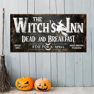 AWESOMETIK Personalized RUSTIC Witch's Inn Dead Breakfast Canvas Sign Autumn Decor Signs Witch Ghost Halloween Home Wall Decor For Home Kitchen Cafe Vintage Farmhouse Autumn Thanksgiving (Dark)