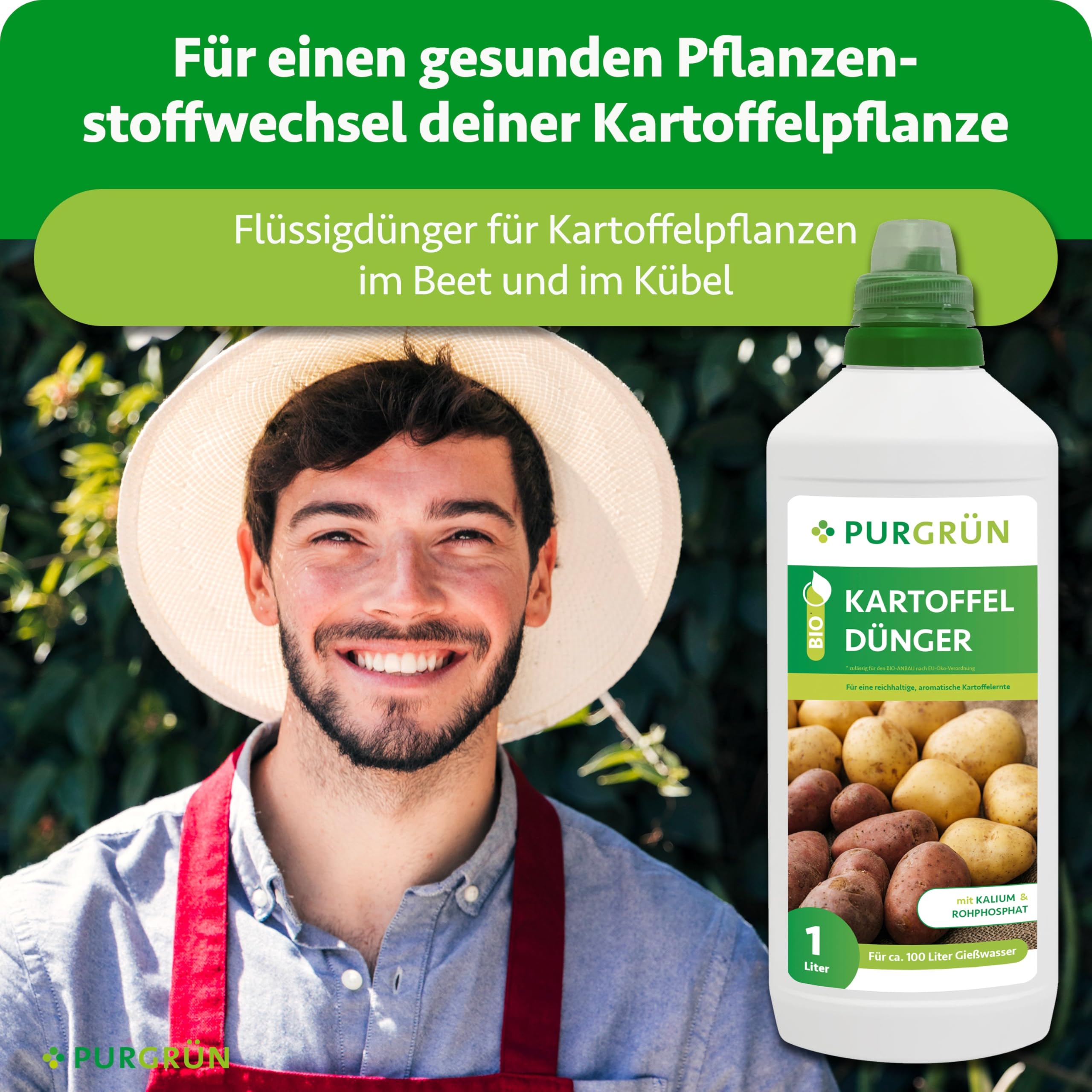 Bio-Kartoffeldünger 1 Liter – Hoher Ertrag dank extra Phosphor – Verbesserte Widerstandskraft dank extra Kalium – Bio & Vegan – Premium-Flüssigdünger – Konzentrat für 100 Liter Wasser