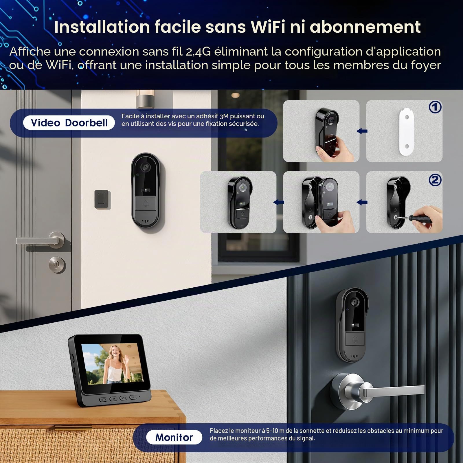 Sonnette vidéo sans fil avec caméra et écran IPS de 4,3 pouces, visualisation HD 1080P, angle large de 170 degrés, vision nocturne, audio bidirectionnel et résistance aux intempéries IP65, sonnette