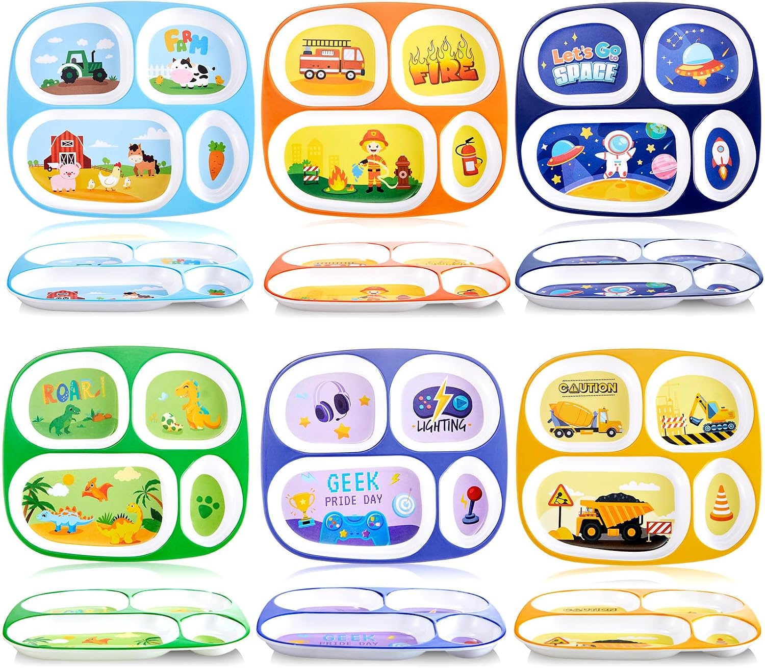 Hushee 6 Pcs 9.4 x 8.2 Inch Kids Plate for Dinner, Summer Ocean Theme Cute Dinnerware Set for Girls Boys Toddler, Plastic Funny Divided Plates Serving Dishes, Sea Pool Shark Mermaid Flamingo Beach