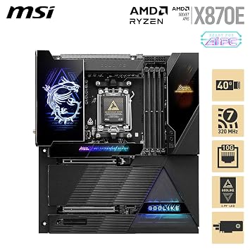 MSI MEG X870E GODLIKE, E-ATX - Supports AMD Ryzen 9000/8000/7000 Processors, AM5 - Dynamic Dashboard III, EZ Slide M.2, 110A SPS, DDR5 Memory (9000+ MT/s OC), M.2 & PCIe 5.0, USB4, Wi-Fi 7, 10G LAN
