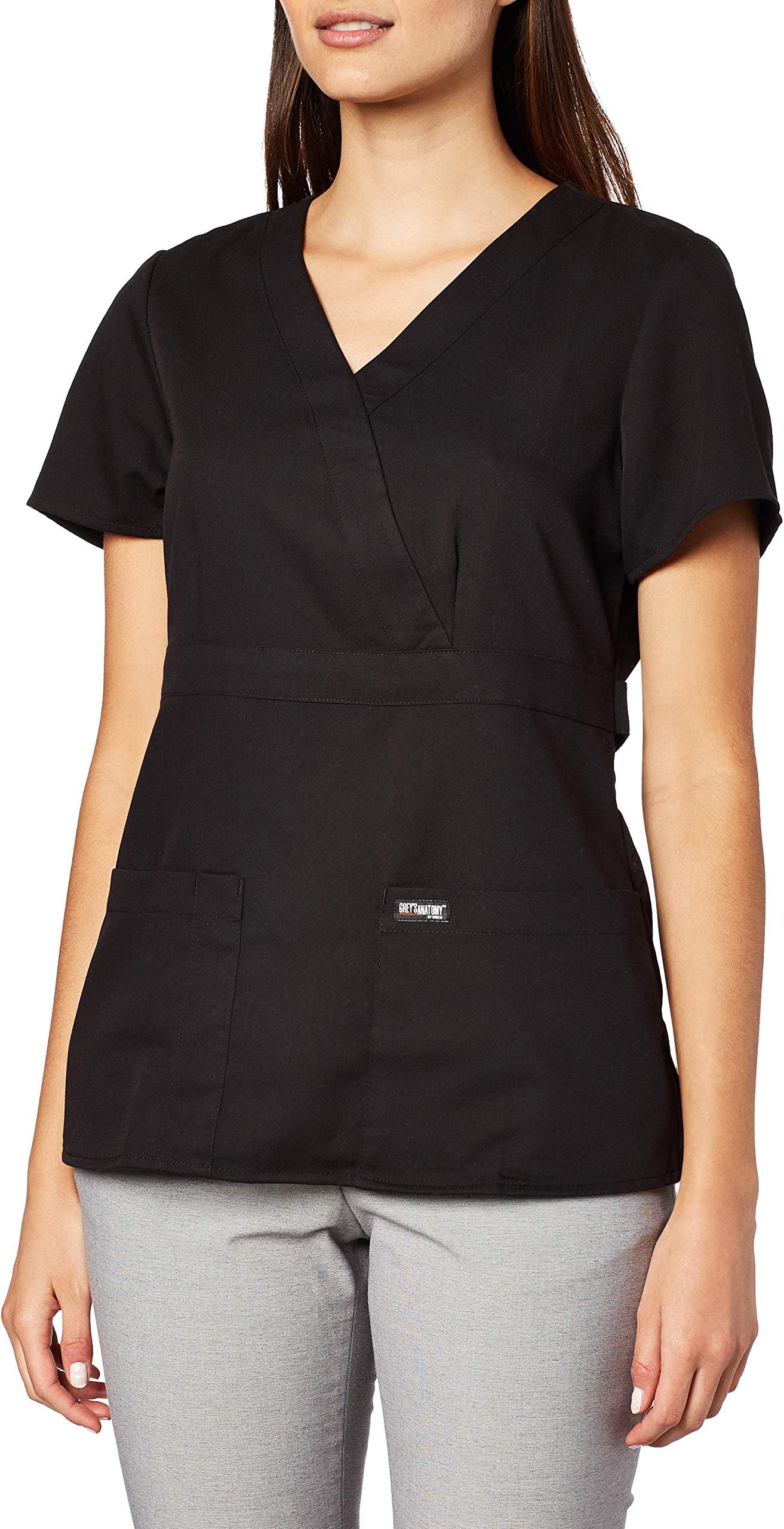 Grey's AnatomyBarco Women's Junior-fit Three-Pocket Mock-wrap Scrub Top - Black - Medium