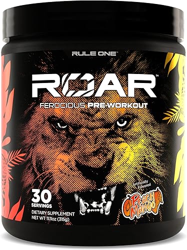 Rule 1 R1 Roar - Polvo de pre-entrenamiento con creatina, beta-alanina, citrulina, electrolitos y cafeína (30 porciones, mango melocotón)