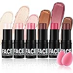6PCS Cream Blush Sticks,Multi-Use Sticks for Blush,Highlighter & Bronzer Contour,Natural Matte & Glitter Finishing Contour Stick,Waterproofing Face Makeup Stick Set with Makeup Sponge