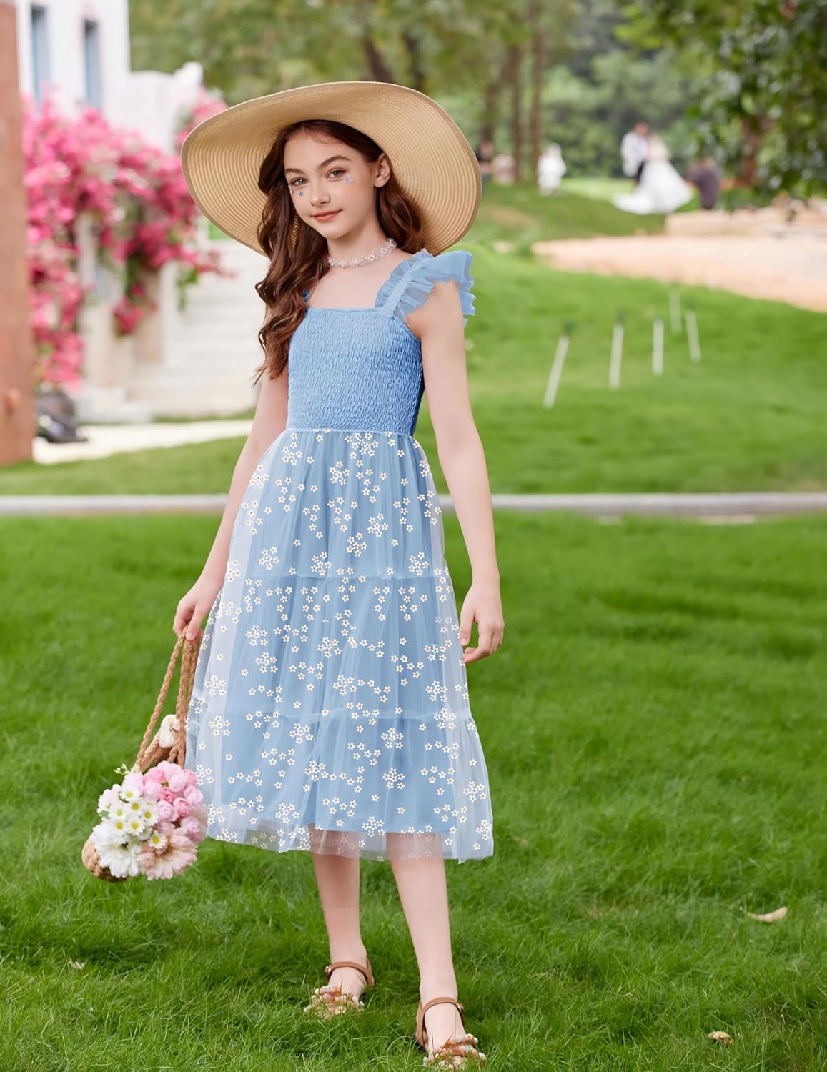 Arshiner Tween Girls Dress Ruffle Sleeve Elastic Straps Smocked A-Line Tulle Summer Long Patry Birthday Sundress
