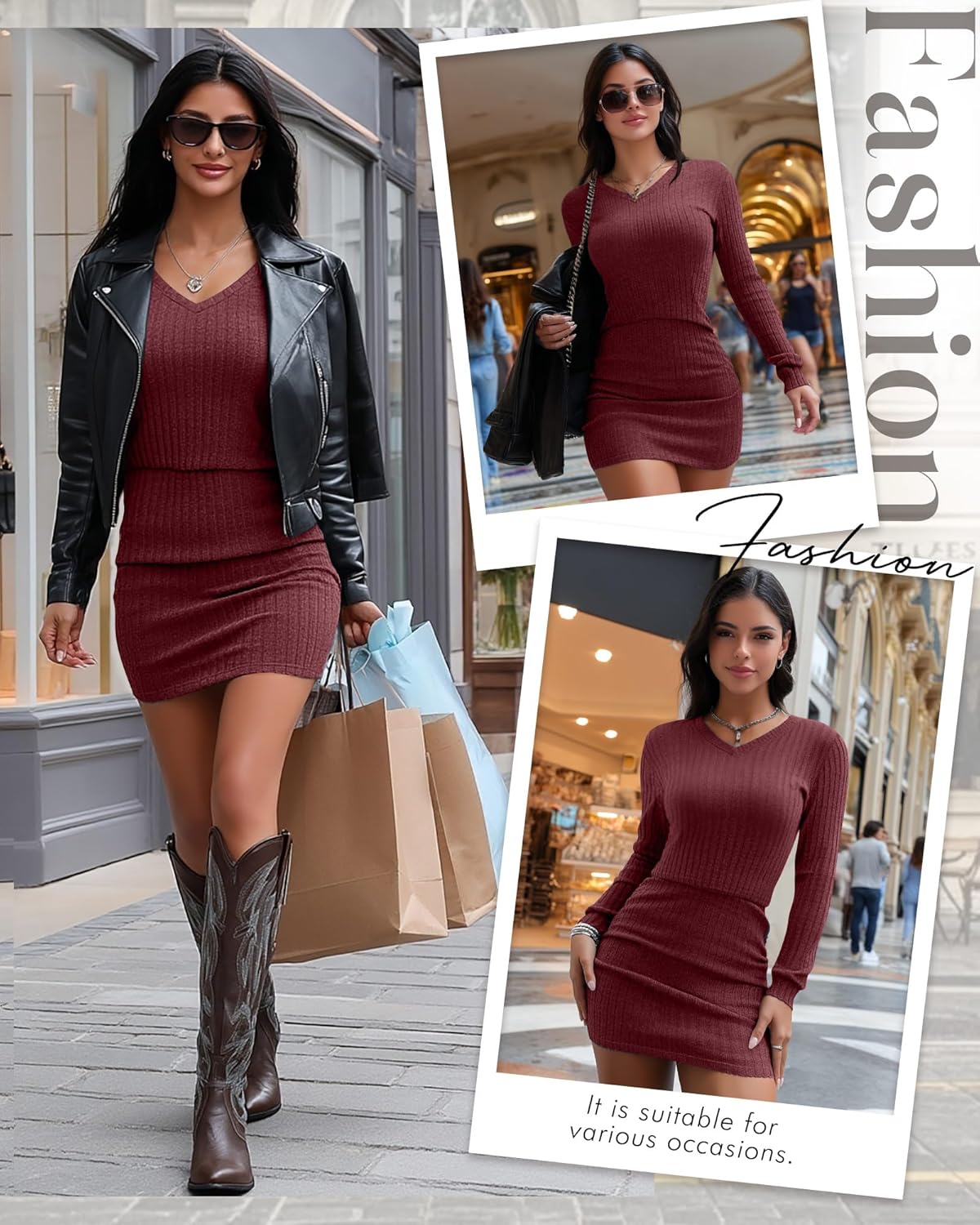 Women's Pullover Sweater Dress Long Lantern Sleeve Ribbed Knit V Neck Ruched Bodycon Mini Dress 2025 Fashion - Image 5