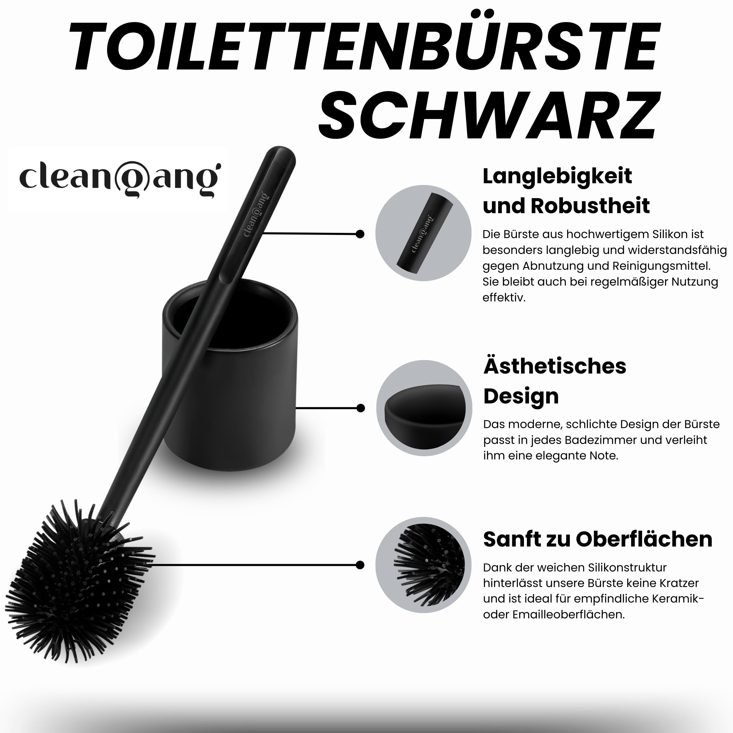 Cleangang® Szczotka do WC Czarna Silikonowa z Uchwytem - Zestaw Klozetowy Szybkoschnący o Ponadczasowym Wzornictwie