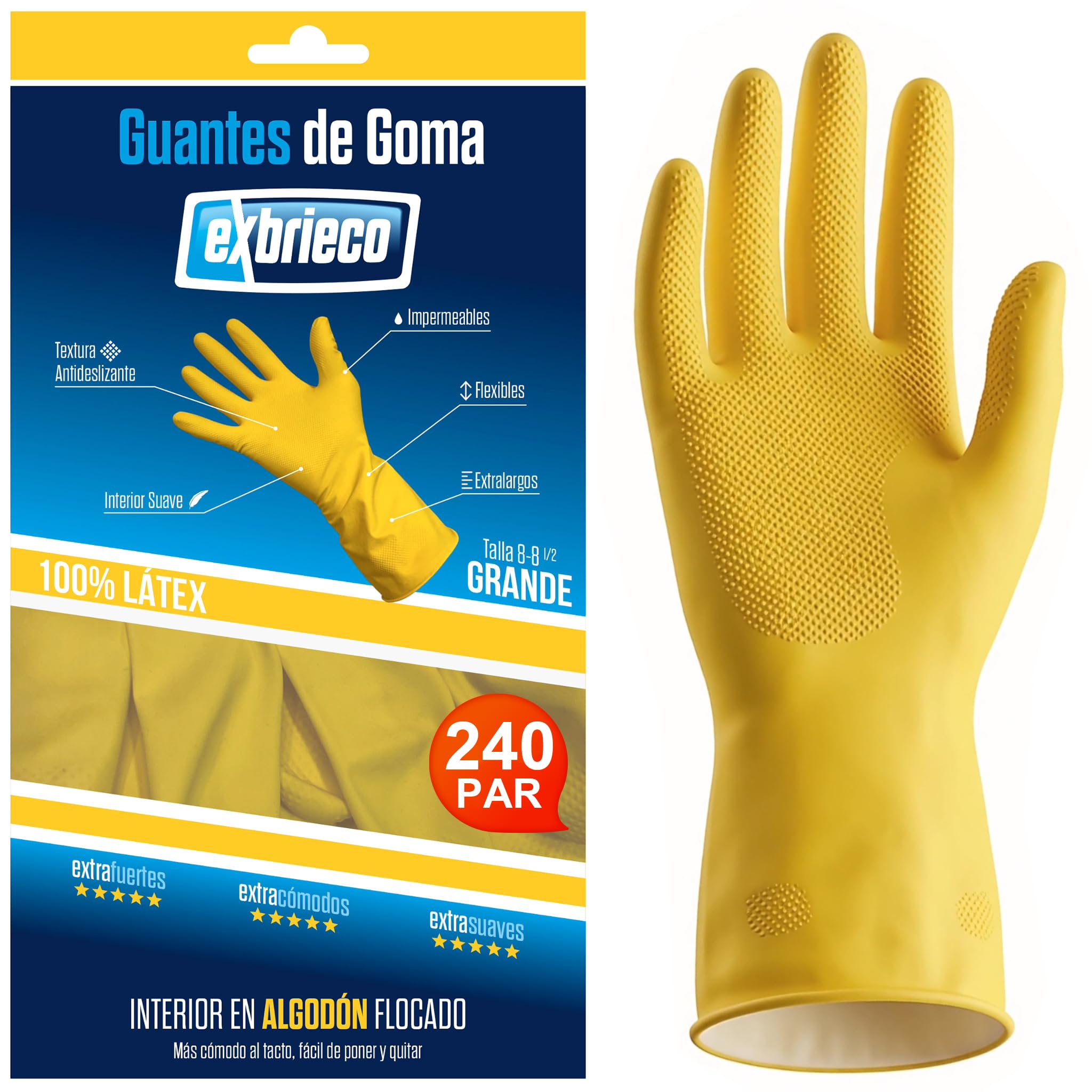 Pack Guantes de Goma, Antideslizantes, Látex, Extragruesos, Interior Algodón Satinado, Impermeables y Flexibles, Máxima Comodidad para Limpieza Hogar e Industrial, Tallas de 6 a 9, Amarillo