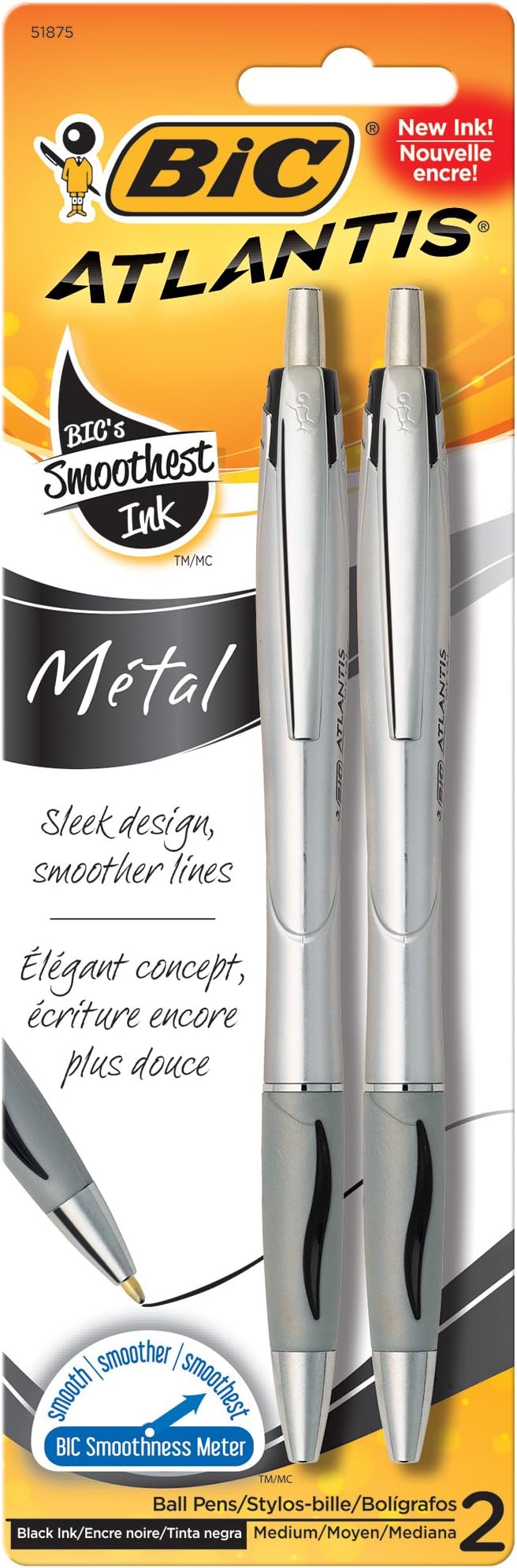 Atlantis Metal Medium Ballpoint Pen (1.2mm) 2-Pack, Black (VCGMTP21), Packaging May Vary