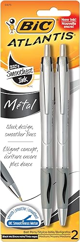 BIC Atlantis - Bolígrafo mediano de metal (0.047 pulgadas), paquete de 2, negro (VCGMTP21), el embalaje puede variar