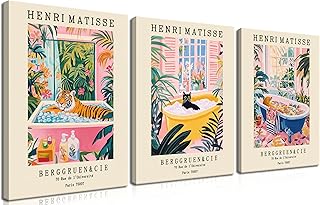 Funny Bathroom Canvas Wall Art Set of 3, Matisse Black Cat Animal Wall D...